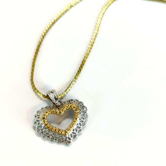 Vintage 925 Sterling Silver Two Toned Open Heart Shaped Pendant Necklace - Picture 4 of 6